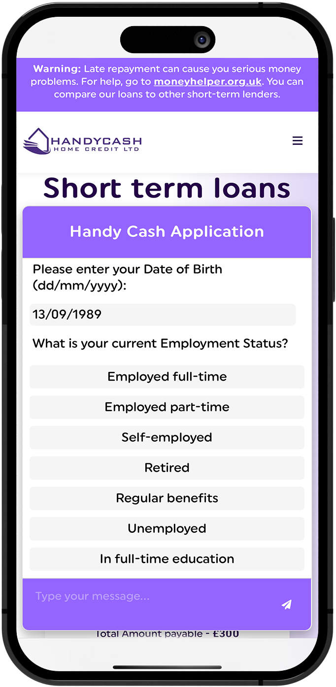 Handy Cash online application on a mobile phone